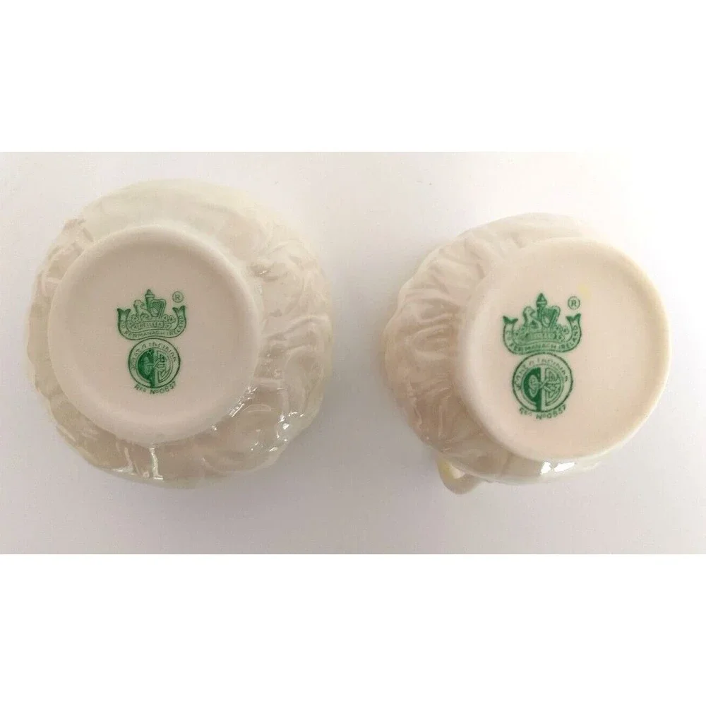 Belleek LOTUS Creamer & Sugar Bowl Green 5th Mark Irish Parian Porcelain Vintage